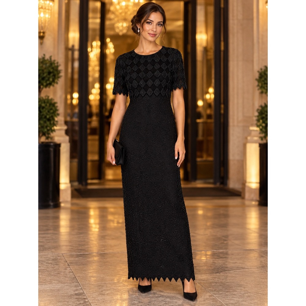Laurance Kazar Dress Women XL Beaded Silk Maxi Black Formal Gatsby Art Deco 90